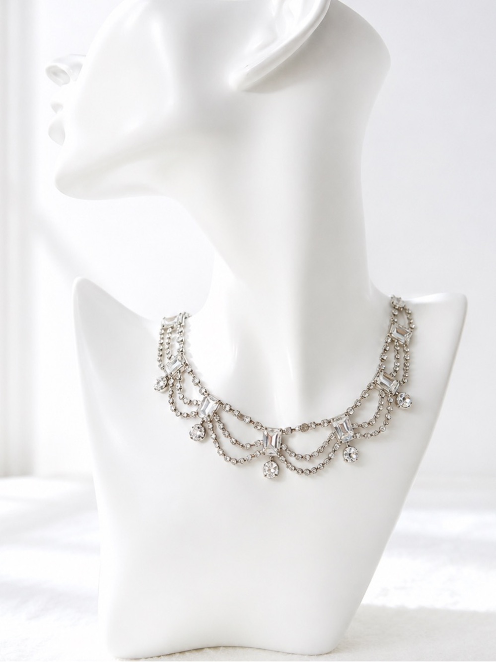 Carolee Crystal Draped Statement Necklace Silver Tone Bridal Wedding Prom